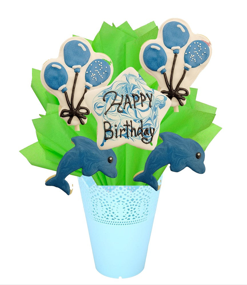 Dolphin Fun Themed Cookie Bouquet | Dolphin cookies | cookie gift bouquets winnipeg | cookie store in winnipeg | cookies online canada | online cookie shop in Winnipeg | cookie delivery winnipeg | best cookies winnipeg