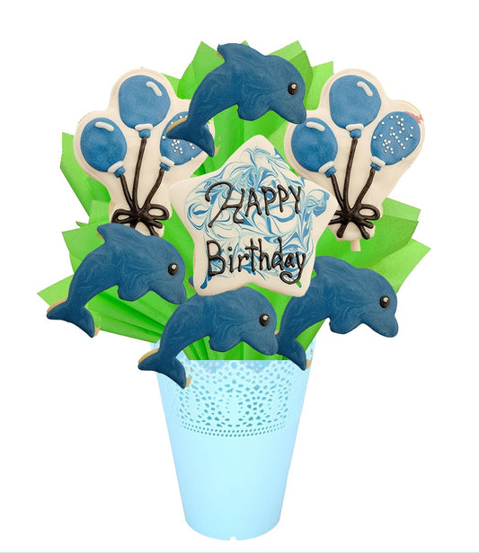 Dolphin Fun Themed Cookie Bouquet | Dolphin cookies | cookie gift bouquets winnipeg | cookie store in winnipeg | cookies online canada | online cookie shop in Winnipeg | cookie delivery winnipeg | best cookies winnipeg