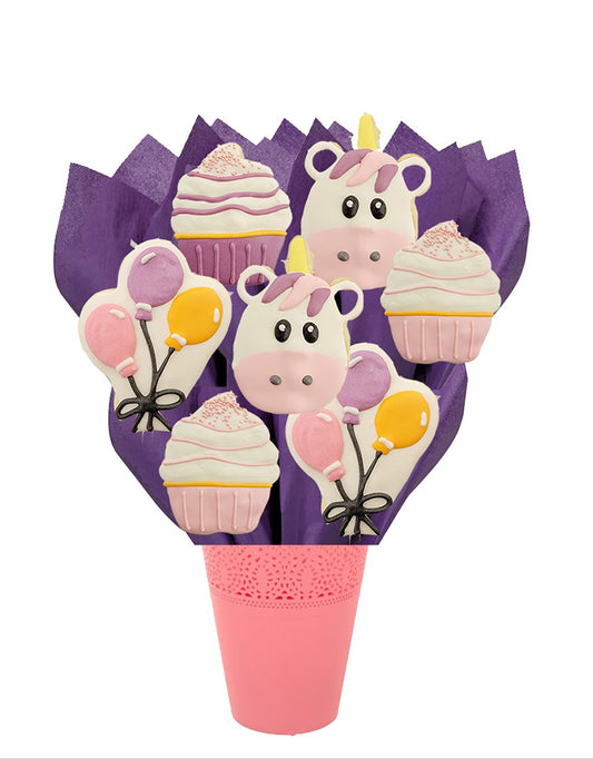 Unicorn and Cupcakes Themed Cookie Bouquet | Unicorn cookie gifts | cookie gift bouquets winnipeg | cookie store in winnipeg | cookies online canada | online cookie shop in Winnipeg | cookie delivery winnipeg | best cookies winnipeg